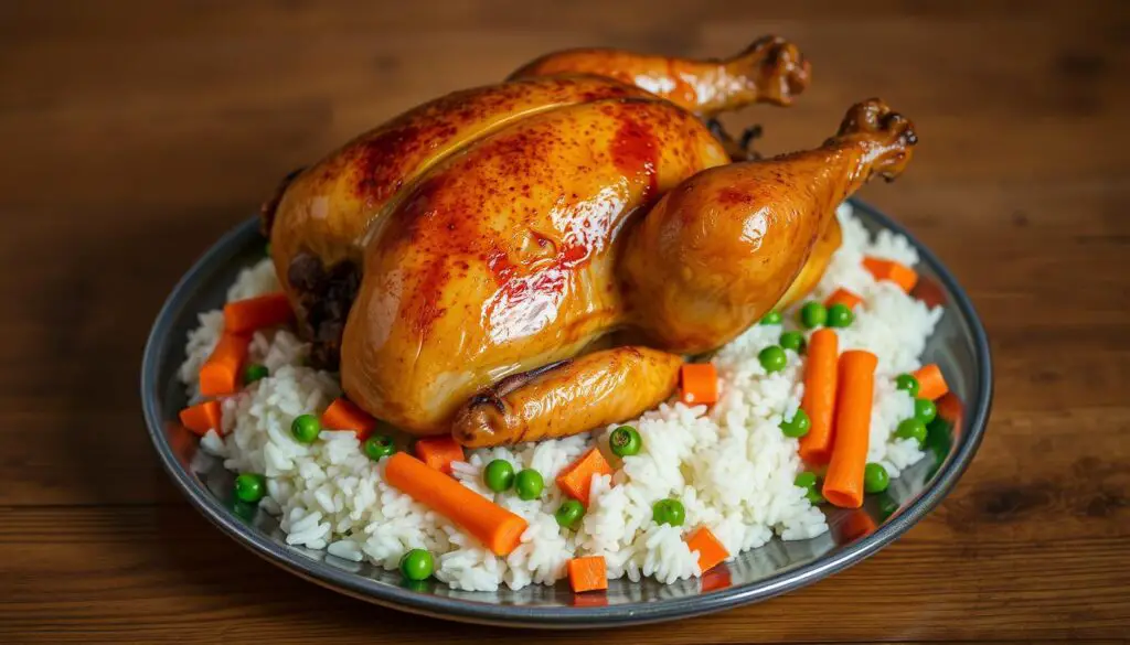 A golden-brown oven-roasted whole chicken, its crispy skin glistening, resting atop a bed of fluffy, fragrant white rice. The chicken is accompanied by a medley of vibrant vegetables - tender carrot batons, peas, and diced onions - all perfectly cooked and seasoned. Soft, indirect lighting bathes the scene, casting warm, mellow shadows and highlights the inviting textures. The composition is framed by a simple, rustic wooden table, suggesting a homely, comforting atmosphere. This classic, wholesome dish evokes feelings of nourishment and contentment.