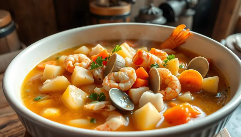 A large, creamy white bowl filled with a hearty seafood chowder, simmering and steaming. The foreground features chunky pieces of lobster, shrimp, and clams, garnished with fresh parsley and a sprinkle of paprika. The middle ground showcases tender potatoes, carrots, and onions in a rich, velvety broth. The background hints at a cozy, rustic kitchen setting, with wooden textures and a hint of natural light filtering through. The overall scene evokes a sense of comfort, warmth, and the flavorful essence of the sea.