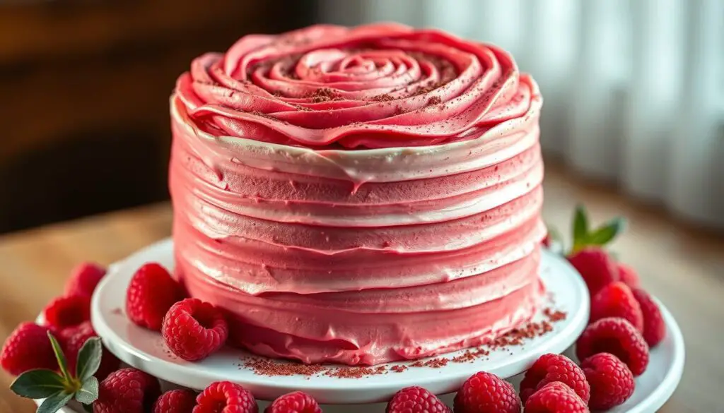A luscious, freshly baked red velvet cake, its deep crimson hue glistening under soft, warm lighting. The cake is elegantly presented on a white porcelain stand, allowing its moist, velvety texture to take center stage. Thick, swirling layers of cream cheese frosting adorn the top and sides, creating a beautiful contrast with the cake's vibrant color. Delicate cocoa powder dusts the surface, adding a subtle depth of flavor. The cake is surrounded by a harmonious arrangement of plump, juicy raspberries, their ruby-red tones complementing the dessert's striking appearance. The overall scene evokes a sense of luxurious indulgence, perfectly capturing the unique charm and allure of this classic dessert.