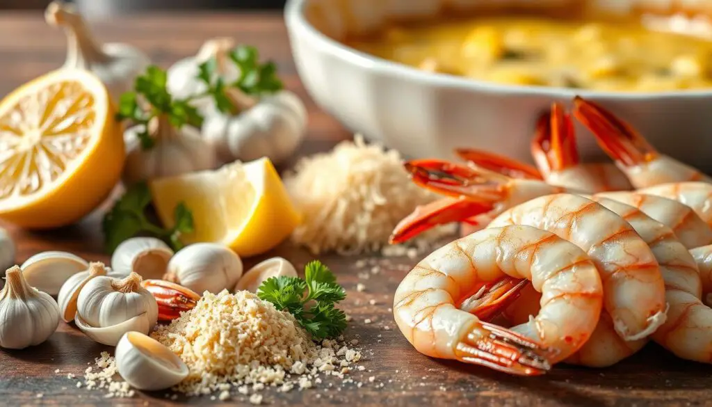 A neatly arranged assortment of fresh garlic cloves, peeled shrimp with their tails intact, a wedge of lemon, a sprig of parsley, and a shallow baking dish or gratin pan in the foreground, all illuminated by warm, natural lighting from the side. The middle ground features a small pile of breadcrumbs, grated Parmesan cheese, and a sprinkle of paprika, while the background is softly blurred, creating a focused, appetizing composition.