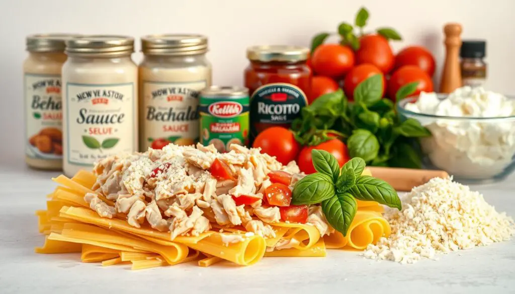 A neatly arranged still life depicting the essential ingredients for a creamy chicken lasagna. In the foreground, freshly cooked lasagna noodles, shredded cooked chicken, and grated parmesan cheese are positioned. In the middle ground, jars of bechamel sauce, canned diced tomatoes, and a bundle of fresh basil leaves create a colorful contrast. In the background, a mixing bowl filled with ricotta cheese and an assortment of spices such as oregano, garlic powder, and black pepper provide a sense of completeness. The scene is bathed in warm, golden lighting, creating a cozy and inviting atmosphere, perfectly capturing the comfort and indulgence of a creamy chicken lasagna.