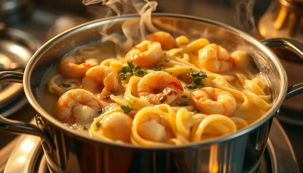 A shiny, stainless steel pot filled with steaming, al dente pasta swirling in a creamy, white sauce. Flecks of fresh herbs and garlic dance amidst plump, juicy shrimp and scallops. The scene is bathed in warm, golden light, creating a cozy, intimate atmosphere. The camera angle is at eye level, capturing the dish in all its restaurant-quality glory. Delicate wisps of steam rise up, hinting at the rich, savory flavors within. The overall impression is one of decadence and effortless sophistication, inviting the viewer to dive in and savor every bite.