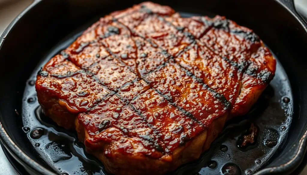 A sizzling, mouthwatering steak searing on a cast-iron skillet, its surface caramelized to a deep, rich brown. Droplets of rendered fat glisten in the warm, golden light, casting a soft, inviting glow. The steak's edges are crisp and charred, while the center remains tender and juicy, ready to be sliced and savored. The skillet is set against a simple, clean backdrop, allowing the steak to take center stage. The overall atmosphere is one of rustic, sophisticated elegance, perfectly suited to showcase the art of Provençal-style garlic steak preparation.