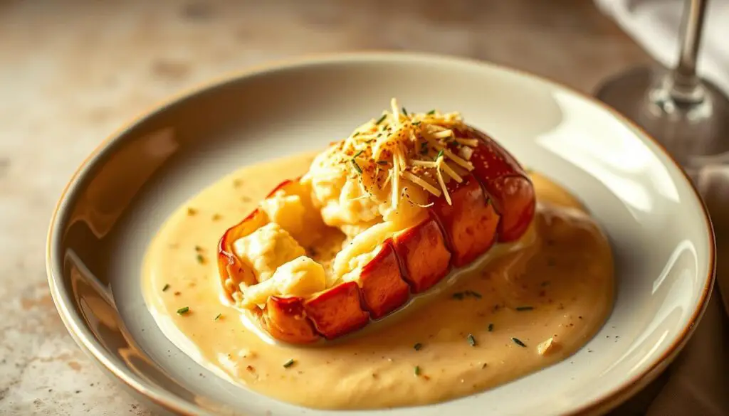 A sophisticated and elegantly plated Lobster Thermidor dish, showcasing a succulent half-lobster tail nestled in a rich, creamy Mornay sauce, finished with a touch of grated Gruyère cheese. The lobster meat is beautifully presented, glistening under the warm, soft lighting that casts a gentle glow over the entire composition. The dish is set against a backdrop of muted, earthy tones, perhaps a simple wooden table or marble surface, emphasizing the luxurious nature of the seafood. Delicate garnishes, such as finely chopped chives or a sprinkle of paprika, add a final touch of refinement to this quintessential French delicacy.