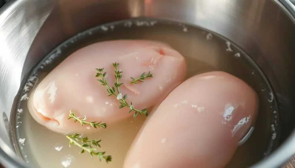 A stainless steel bowl filled with a clear brine solution, containing water, kosher salt, and a few sprigs of fresh thyme. In the foreground, several raw chicken breasts are partially submerged, their juices mingling with the brine. Soft, diffused lighting illuminates the scene, casting subtle shadows and highlighting the texture of the meat. The background is blurred, drawing the viewer's attention to the scientific process of brining, where the salt and water work together to break down the proteins and lock in moisture, resulting in moist, tender chicken.