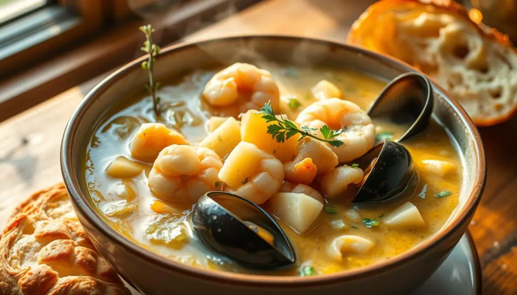 A steaming bowl of rich and creamy seafood chowder, filled with tender chunks of fresh cod, shrimp, and succulent mussels. The broth has a velvety texture, infused with the essence of aromatic vegetables like onions, celery, and potatoes. Sprigs of fragrant thyme and a sprinkle of chopped parsley adorn the surface, adding a touch of freshness. Warm, golden light filters through the window, casting a cozy glow over the scene. The chowder is presented on a wooden table, accompanied by a crusty bread roll, inviting the viewer to dive into this hearty and comforting meal.