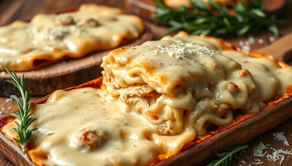 A steaming, freshly baked creamy chicken lasagna, its layers of tender pasta, juicy shredded chicken, and velvety béchamel sauce glistening under the warm light of a high-angle photograph. The dish is framed against a backdrop of rustic wooden boards, complemented by sprigs of fragrant rosemary and a scattering of grated Parmesan cheese. The overall scene evokes a cozy, comforting atmosphere, inviting the viewer to indulge in this delectable and indulgent dish.