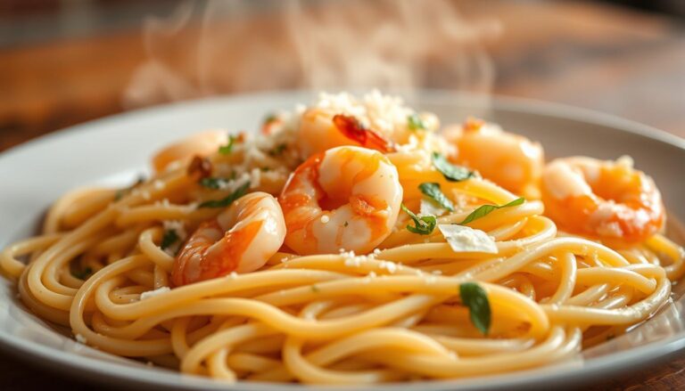 A steaming plate of creamy shrimp pasta, the al dente noodles coated in a rich, velvety sauce. Plump, juicy shrimp nestled among the pasta, their tender pink flesh complementing the smooth, dreamy texture. Slivers of fresh garlic and herbs add depth of flavor, while a sprinkling of Parmesan cheese lends a savory, nutty note. The dish is illuminated by soft, warm lighting, creating an inviting, appetizing scene. Captured from a slightly elevated angle, the pasta's layers and textures are highlighted, inviting the viewer to dive in and savor each delectable bite.
