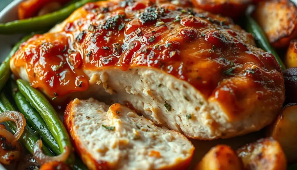 A succulent chicken breast, perfectly baked to a golden-brown hue, glistening with a luscious honey garlic glaze. The aroma of toasted garlic and fragrant herbs fills the air, enticing the senses. In the foreground, the juicy, tender meat is sliced to reveal its moist, flavor-packed interior. Surrounding the chicken, a medley of vibrant vegetables - crisp green beans, caramelized onions, and roasted potatoes - create a harmonious and visually appealing composition. Soft, natural lighting illuminates the scene, casting gentle shadows and highlighting the dish's mouthwatering details. The overall mood is one of rustic elegance and unabashed culinary delight, sure to leave any observer craving a bite of this irresistible honey garlic chicken breast.