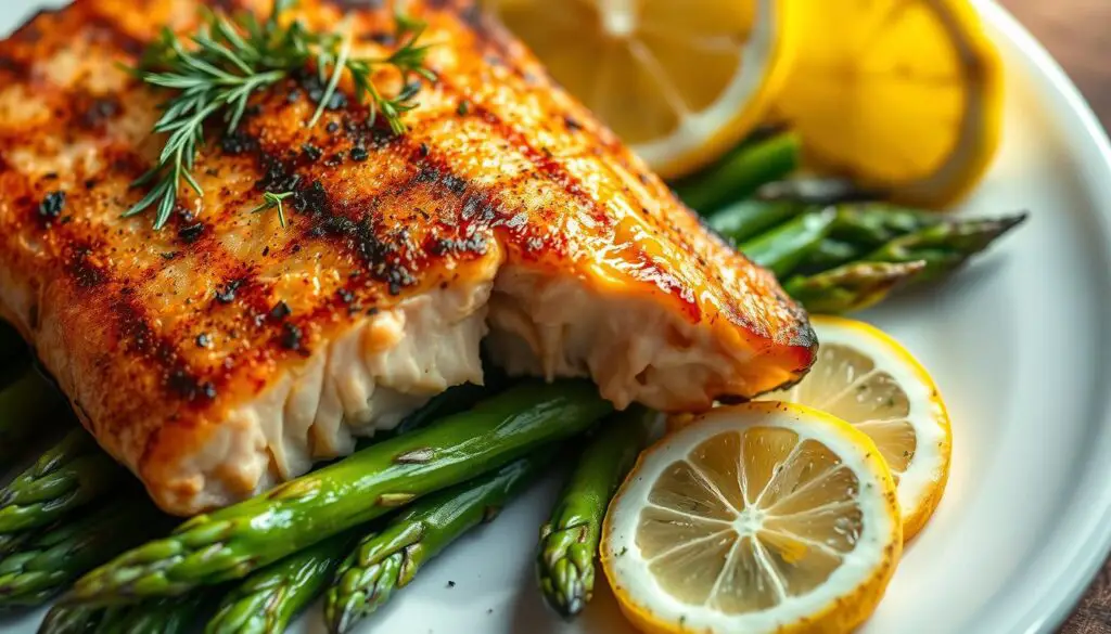 A succulent, perfectly grilled salmon filet glistens with a golden-brown sear, its edges lightly charred. The fish sits atop a bed of vibrant green asparagus spears, their tips slightly charred from the grill. Crisp lemon wedges and a sprinkle of fresh dill complete the artful, appetizing arrangement, bathed in warm, natural lighting that casts a inviting glow. The salmon's flaky, moist interior is visible, drawing the viewer in with its promise of a satisfying, flavor-packed dining experience.
