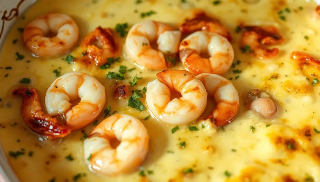 A sumptuous dish of succulent shrimp nestled in a creamy, garlicky béchamel sauce, topped with a golden-brown, bubbly layer of melted cheese. The shrimp are plump and juicy, sautéed with minced garlic, parsley, and a touch of lemon zest, creating a tantalizing aroma. The béchamel sauce is rich and velvety, infused with more garlic and a hint of nutmeg. The whole dish is baked until the cheese forms a crisp, caramelized crust, contrasting with the soft, indulgent layers beneath. Presented in a shallow baking dish, the Garlic Shrimp Gratin is illuminated by warm, natural lighting, casting a inviting glow and highlighting the dish's irresistible textures and flavors.