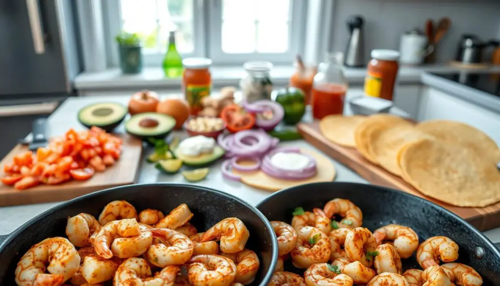 A table in a bright, airy kitchen filled with the vibrant ingredients for spicy shrimp tacos. In the foreground, fresh shrimp seasoned with a blend of chili powder, cumin, and garlic, sizzling in a cast-iron skillet. Alongside, a cutting board showcases sliced avocado, diced tomatoes, and rings of crisp red onion. In the middle ground, warm corn tortillas await, ready to be piled high with the flavorful shrimp and fresh toppings. The background features jars of salsa, sour cream, and a squeeze bottle of lime juice, completing the mise en place for this mouthwatering Mexican dish.