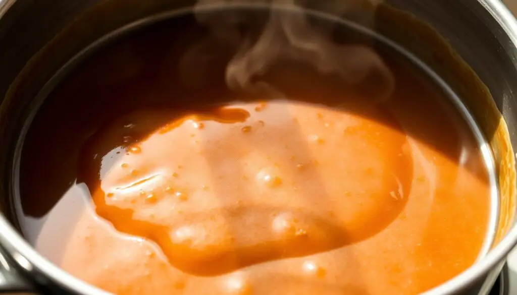A thick, glossy gravy simmering in a stainless steel saucepan, gently bubbling and steaming. The deep, rich brown hue is punctuated by flecks of herbs and spices, hinting at the savory flavors to come. Bright, natural lighting illuminates the scene, casting soft shadows and highlights that accentuate the gravy's velvety texture. The pan is positioned at a slight angle, drawing the viewer's eye towards the center of the frame, where the gravy takes center stage. The overall mood is one of homespun comfort and culinary anticipation, perfectly complementing the article's focus on a classic fried chicken and mashed potato dish.
