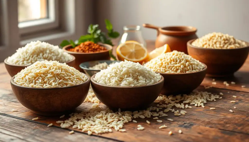 A variety of high-quality rice ingredients arranged on a rustic wooden table, with warm, natural lighting filtering through a nearby window. In the foreground, different types of uncooked rice grains in earthy tones - jasmine, basmati, and short-grain - neatly organized in small bowls. In the middle ground, complementary ingredients such as fresh herbs, lemon wedges, and a small measuring cup. The background features a neutral, slightly blurred backdrop, allowing the ingredients to take center stage. The overall composition conveys a sense of simplicity, freshness, and the comforting essence of a homemade rice dish.