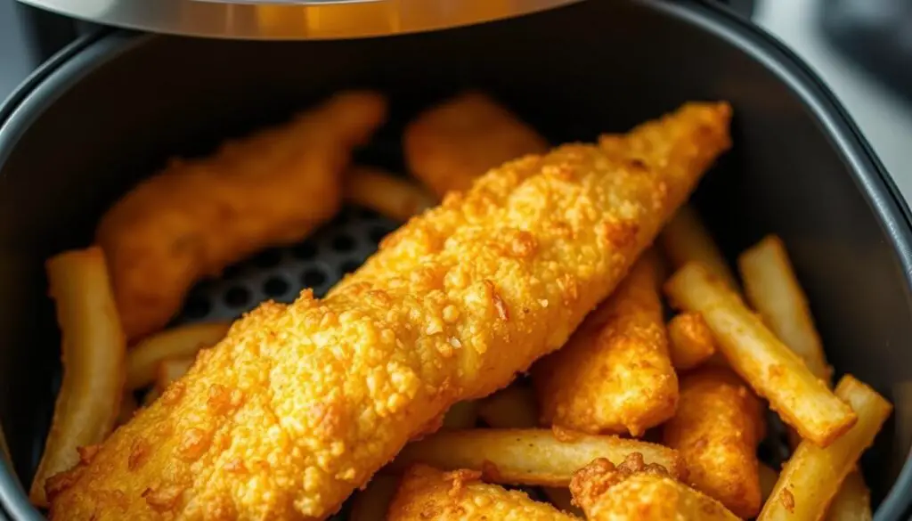 An image of an air fryer with fish and chips inside, golden and crispy.