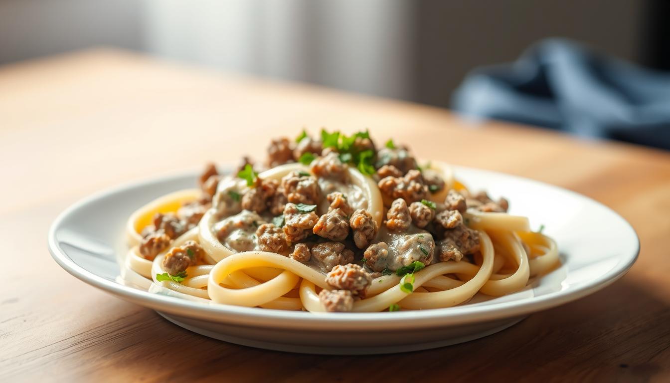 Creamy Ground Beef Alfredo Pasta