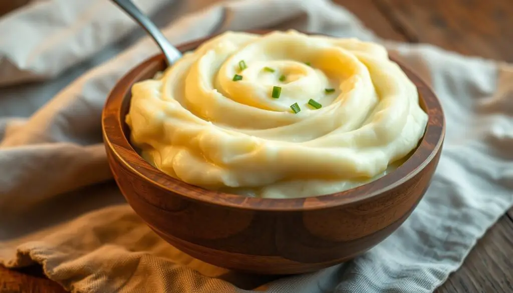 Creamy, buttery mashed potatoes in a rustic wooden bowl, the surface gently swirled with a fork. Soft, pillowy texture, with hints of garlic and fresh chives. Warm, soft lighting from above casts a comforting glow, creating depth and shadow. The bowl rests on a simple wooden table, surrounded by natural textures like linen, creating a homey, inviting atmosphere. Camera angle slightly elevated to showcase the delectable, velvety mashed potatoes, ready to be enjoyed as a perfect accompaniment to a crispy fried chicken dish.