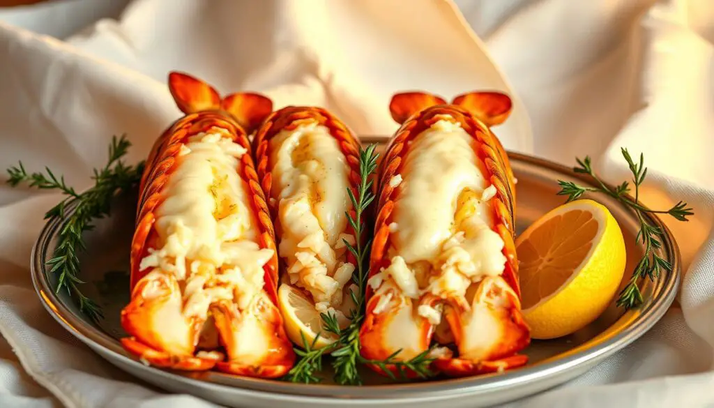 Elegant garlic butter lobster tails, glistening with buttery goodness, sit atop a platter against a backdrop of soft white linen. The tails are split open, revealing their succulent pink flesh, infused with the fragrant aroma of roasted garlic. Delicate sprigs of fresh thyme and lemon wedges accent the composition, adding a touch of rustic elegance. Warm, golden lighting casts a welcoming glow, creating an inviting atmosphere perfect for a special occasion. The image conveys the luxurious and indulgent nature of this decadent seafood dish, highlighting why it is the ideal centerpiece for a celebratory meal.