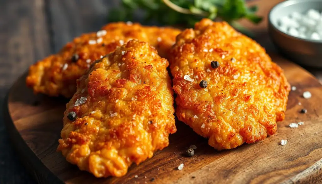 Freshly fried chicken cutlets, golden and crispy, resting on a rustic wooden board. The tender meat glistens under the warm, soft lighting, inviting a savory bite. Flecks of freshly cracked black pepper and a sprinkle of coarse sea salt add contrast and depth of flavor. A simple, yet elegant presentation that captures the essence of a quick, delicious weeknight meal. Shallow depth of field blurs the background, keeping the focus on the enticing cutlets, the star of this comforting dish.