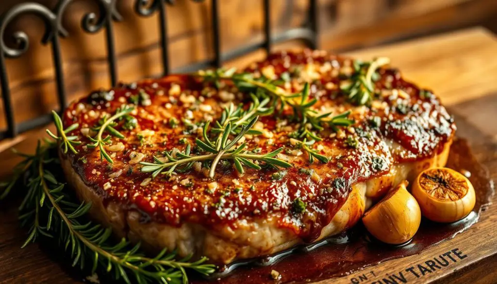 Provençal Garlic Steak: A Culinary Masterpiece A sizzling, golden-brown steak adorned with a glistening garlic-herb crust, set against a rustic backdrop of weathered wood and wrought-iron. Vibrant sprigs of fresh thyme, rosemary, and parsley cascade over the tender meat, their verdant hues contrasting with the rich brown tones. Soft, caramelized shallots and roasted garlic cloves nestle alongside the steak, their aroma permeating the air. Warm, golden lighting casts a cozy, inviting glow, while the overall composition evokes the rustic charm of a Provençal farmhouse kitchen. This image captures the essence of a dish that celebrates the bold, earthy flavors of the Mediterranean, inviting the viewer to savor the taste of a true Provençal culinary masterpiece.