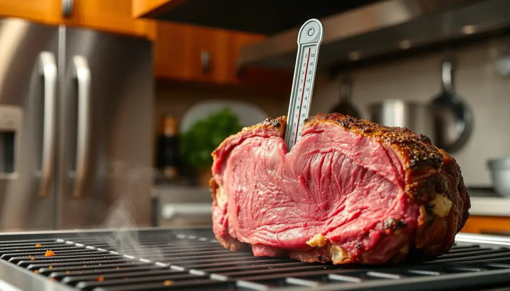 a close-up photograph of a prime rib roast being cooked, with a meat thermometer inserted to show the internal temperature, in a well-lit kitchen setting with stainless steel appliances, warm wooden tones, and a neutral color palette, capturing the anticipation and preparation of a mouth-watering prime ribeye steak
