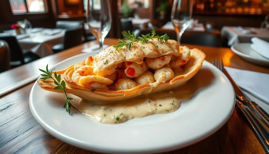 a luxurious lobster thermidor dish, featuring a creamy lobster filling nestled in a delicate pastry shell, with a golden-brown crust and garnished with fresh herbs. The scene is set in a classic French bistro, with warm lighting, rustic wood accents, and a cozy, intimate atmosphere. The plate is arranged beautifully, showcasing the rich, velvety texture of the thermidor and the vibrant colors of the seafood. The camera angle is from a slight overhead perspective, capturing the dish in all its enticing glory, ready to be savored and appreciated.