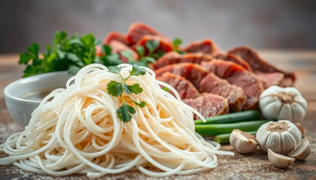 A beautifully lit, high-resolution still life arrangement showcasing the essential ingredients for a delectable beef and noodles dish. In the foreground, a pile of fresh, rinsed rice noodles spills out from a white ceramic bowl, their translucent strands curling gracefully. Surrounding the noodles are carefully arranged slices of tender, marbled beef, each piece glistening with a light sheen. In the middle ground, a selection of aromatic herbs and spices - fragrant cilantro, bright green scallions, and pungent garlic cloves - add vibrant pops of color and complexity. The background features a neutral, slightly blurred backdrop, allowing the ingredients to take center stage and exude a sense of rustic, homemade authenticity.