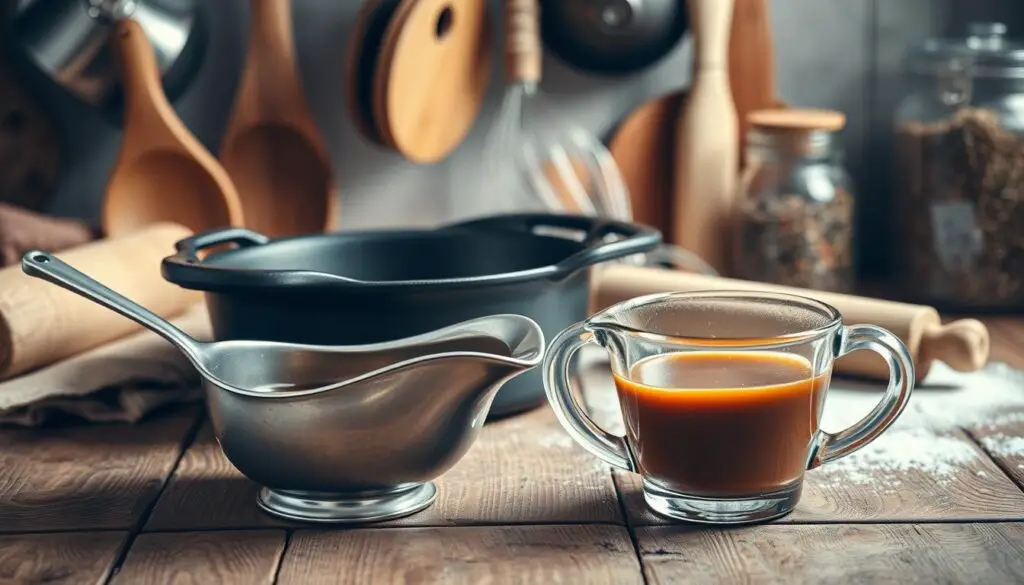 A beautifully lit still life of an array of traditional gravy preparation tools arranged on a rustic wooden surface. In the foreground, a hand-whisked metal gravy boat, a sturdy cast-iron skillet, and a glass measuring cup filled with savory brown gravy. In the middle ground, a wooden spoon, a wire whisk, and a flour-dusted rolling pin. In the background, hanging pots and pans, and a jar of herbs and spices. Soft, warm lighting casts a cozy, inviting glow, evoking the comforting atmosphere of a well-equipped home kitchen.