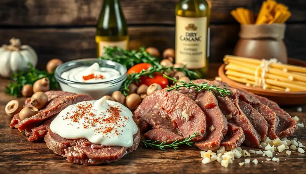 A bountiful arrangement of Beef Stroganoff ingredients on a rustic wooden table, illuminated by warm natural lighting and captured with a shallow depth of field. In the foreground, juicy slices of beef tenderloin, buttons of crimini mushrooms, and a cluster of fresh thyme sprigs. In the middle ground, a creamy dollop of sour cream, a splash of cognac, and a sprinkle of paprika. The background features a bottle of dry white wine, a bundle of egg noodles, and a scattering of diced onions, all set against a backdrop of weathered wood planks.
