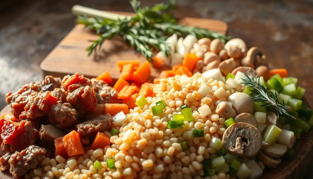 A bountiful collection of fresh ingredients for a hearty beef barley soup, illuminated by warm natural lighting and captured from a slightly elevated angle. In the foreground, succulent beef chunks, robust pearl barley, and a vibrant assortment of diced vegetables - carrots, celery, onions, and mushrooms. In the middle ground, a wooden cutting board with sprigs of fresh thyme and rosemary, complementing the savory aroma. The background features a rustic, textured surface, hinting at the comforting, homemade nature of this classic soup. The overall scene evokes a sense of culinary craftsmanship and the promise of a nourishing, delicious meal.