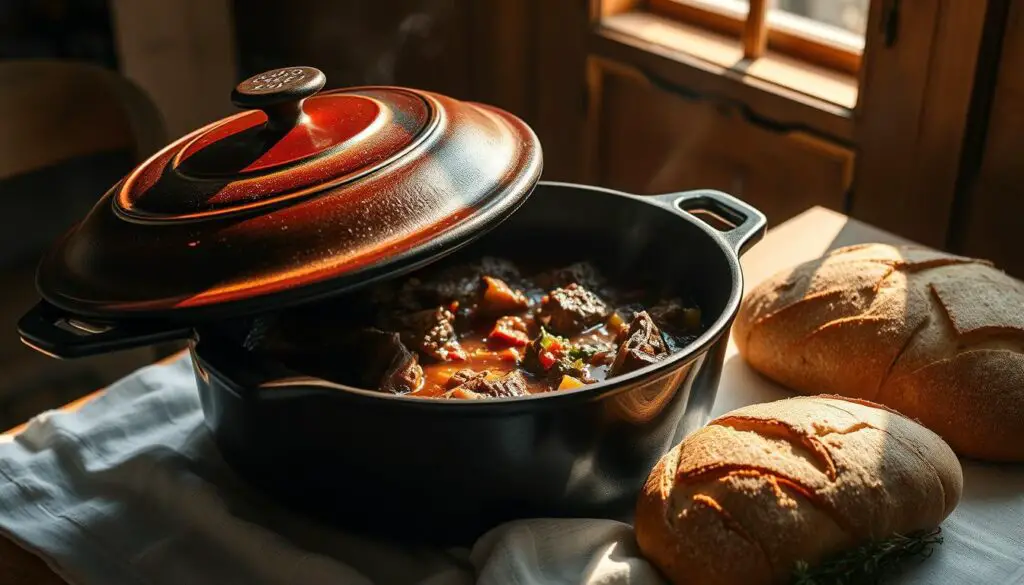 A cast-iron dutch oven on a rustic wooden table, sunlight streaming through a window and casting warm shadows. The pot is filled with rich, thick beef stew, the aroma of red wine, herbs, and simmering meat filling the air. The surface of the stew glistens, with tender chunks of beef and vegetables peeking through. The pot's heavy lid sits slightly ajar, inviting the viewer to imagine the delicious meal within. The table is set with a simple white linen cloth, a crusty loaf of bread, and a few sprigs of fresh thyme, hinting at the comforting, homemade nature of the dish.