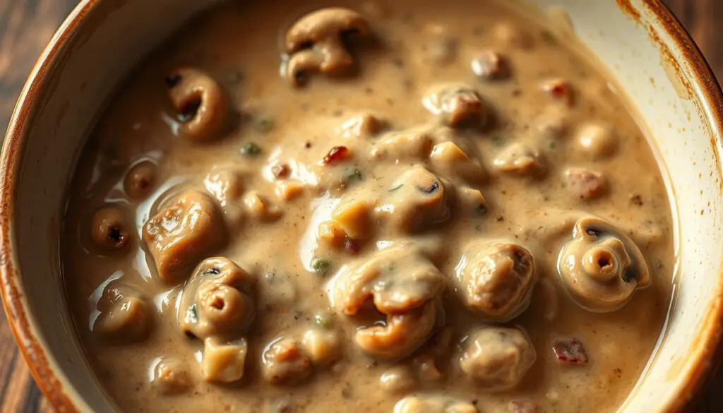 A close-up, high-resolution image of a creamy, silky beef stroganoff sauce in a shallow bowl, shot from an overhead angle with soft, warm lighting. The sauce has a rich, velvety texture, with visible flecks of sautéed onions, mushrooms, and tender beef. The edges of the bowl are slightly blurred, drawing the viewer's focus to the luxurious, savory sauce in the center. The image conveys the comforting, indulgent nature of a well-executed beef stroganoff, evoking the inviting aroma and flavors of this classic dish.