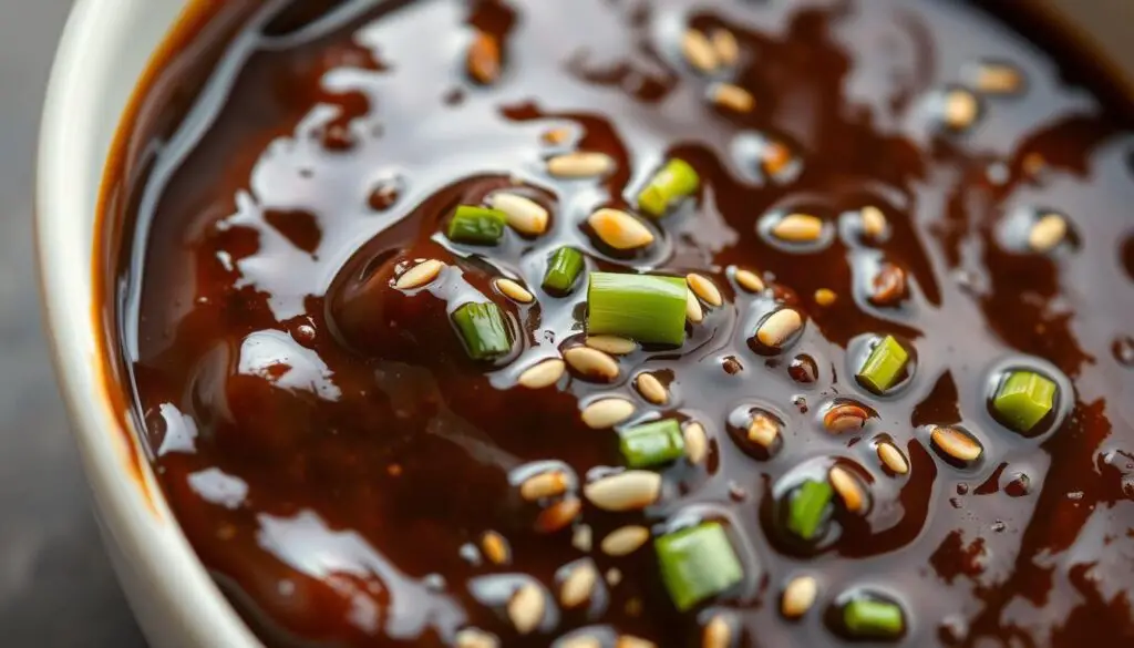 A close-up shot of a glossy, dark brown Mongolian beef sauce, glistening with a slightly thickened, savory glaze. The sauce is nestled in a shallow white ceramic dish, with gentle shadows from a soft, diffused light source above, highlighting its rich, caramelized hues. Flecks of scallions, garlic, and toasted sesame seeds are scattered across the surface, adding pops of color and textural interest. The overall mood is one of culinary elegance and homemade, comforting appeal, inviting the viewer to imagine the tender beef and aromatic flavors that this sauce would complement.