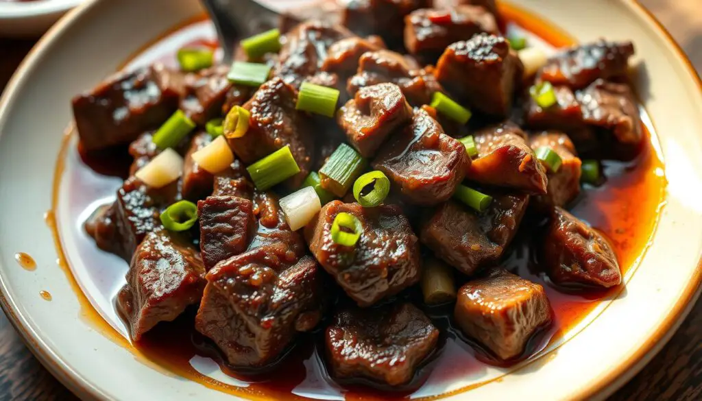 A close-up shot of a plate of steaming hot Mongolian beef, the tender slices of beef glistening in a rich, savory sauce. The beef is seared to perfection, with a caramelized exterior and a juicy, melt-in-your-mouth interior. The sauce is a deep, mahogany color, infused with the umami flavors of soy sauce, brown sugar, and garlic. Freshly sliced scallions add a pop of color and a subtle onion aroma. The dish is lit from above, casting a warm, inviting glow and creating shadows that accentuate the textures of the ingredients. The background is blurred, keeping the focus on the beautifully plated Mongolian beef, ready to be savored.