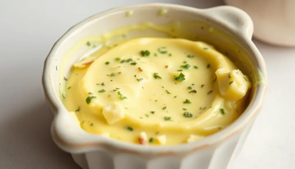 A close-up shot of a small ceramic dish filled with freshly made garlic herb butter. The butter is a creamy, golden-yellow color, with specks of minced garlic and fragrant herbs like parsley, thyme, and rosemary visibly mixed throughout. The dish is illuminated by soft, natural lighting, casting gentle shadows and highlights on the butter's smooth, glossy surface. The composition places the dish in the center, with a plain, slightly out-of-focus background that allows the butter to be the focal point. The overall mood is inviting and appetizing, evoking the rich, savory flavors of the essential ingredient for a delicious beef chuck steak.