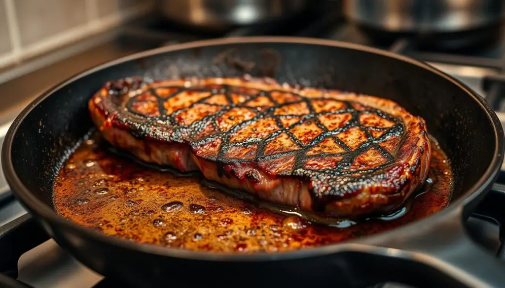 A close-up view of a stovetop with a cast-iron skillet sizzling with a juicy, pan-seared steak. The steak is perfectly browned on the outside, with a deep, rich color, and the center is a warm, pink medium-rare. The skillet is placed on a gas burner, with the flame visible underneath, casting a warm, amber glow on the scene. The background is slightly blurred, keeping the focus on the steak and the stovetop. The lighting is soft and natural, with highlights and shadows accentuating the texture of the meat and the skillet. The overall atmosphere is one of mouthwatering anticipation, inviting the viewer to imagine the savory aroma and the satisfying crunch of the first bite.