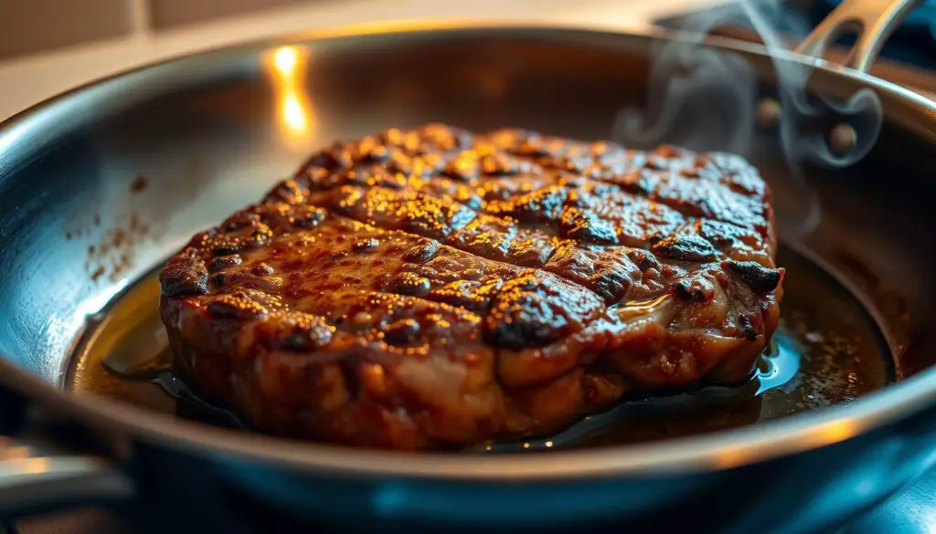 A crisp, golden-brown chuck steak sizzling in a stainless steel pan, with a thin layer of olive oil glistening on the surface. Close-up view from a low angle, capturing the juicy meat and the dancing flames from the gas stove underneath. Warm, soft lighting illuminates the scene, casting dramatic shadows and highlights across the textured surface of the steak. The background is blurred, putting the focus entirely on the mesmerizing pan-searing process. A puff of fragrant steam rises from the pan, hinting at the delicious flavors to come.