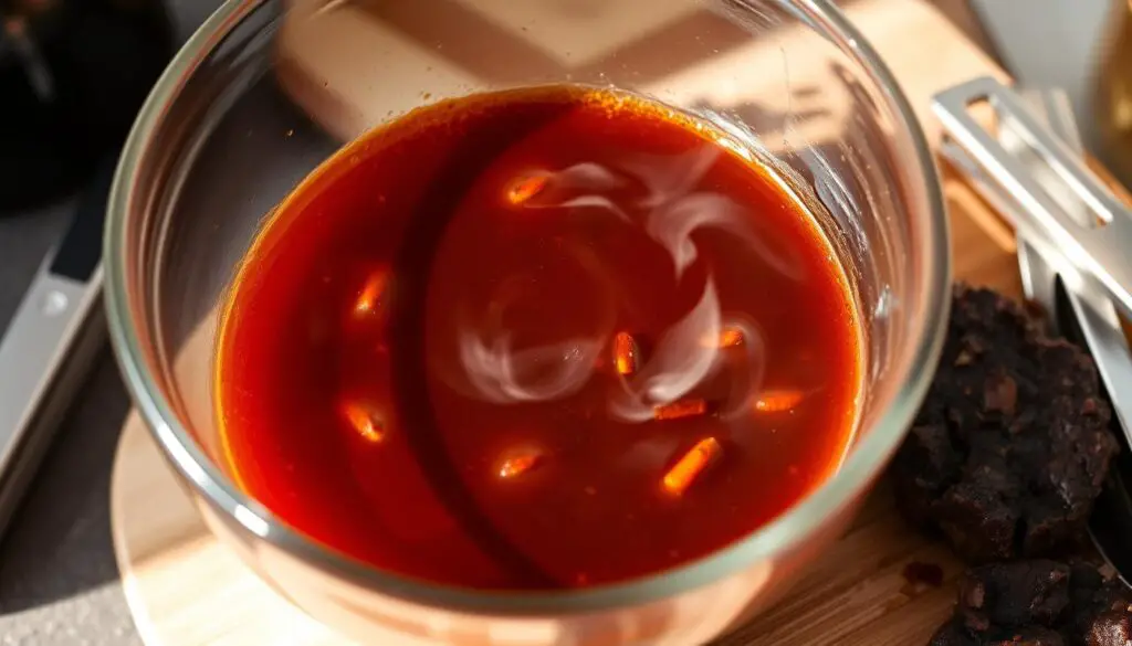 A glass bowl filled with a rich, aromatic beef jerky marinade. The mixture glistens in the soft, natural lighting, with a reddish-brown hue from the soy sauce, Worcestershire, and brown sugar. Subtle wisps of steam rise from the surface, hinting at the savory flavors to come. In the background, a wooden cutting board and a set of stainless steel kitchen tools, evoking a rustic, home-cooked atmosphere. The composition is balanced, with the bowl positioned centrally and the supporting elements framing it harmoniously. The overall scene conveys a sense of anticipation and the promise of a delicious, homemade beef jerky.