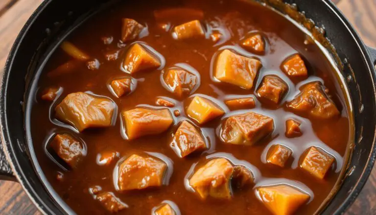A hearty, homemade beef gravy simmering in a cast-iron skillet, the rich, aromatic sauce gently bubbling and thickening. Chunks of tender beef and savory vegetables are suspended in the glossy, mahogany-colored liquid, inviting the viewer to imagine the comforting flavors. Warm, soft lighting casts a cozy glow, highlighting the gravy's enticing sheen. The scene is set against a rustic, wooden background, evoking a sense of homespun, country-style cooking. The overall impression is one of wholesome, satisfying nourishment, perfectly capturing the essence of "Homemade Beef Gravy: A Savory Delight".