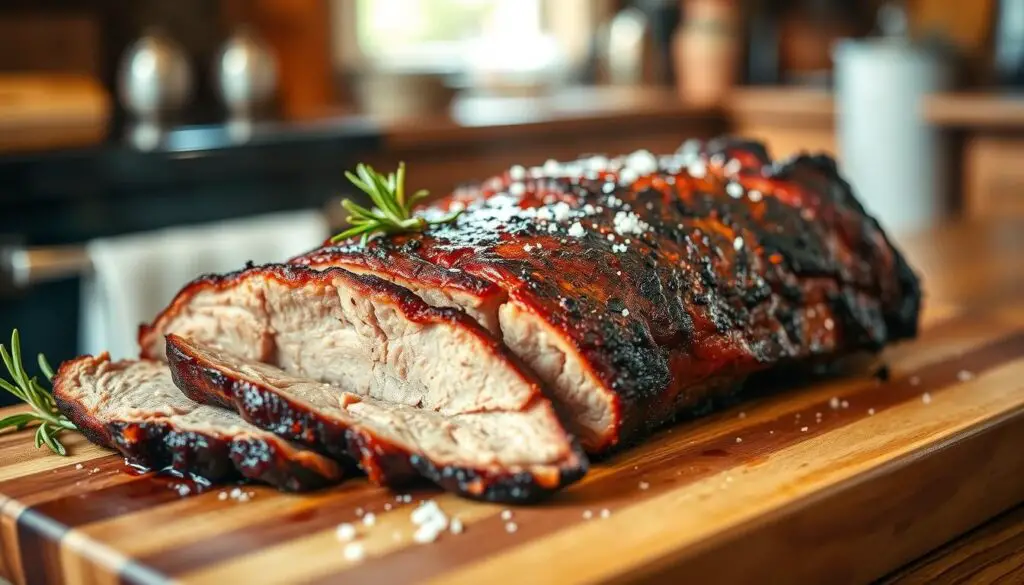 A sizzling, close-up shot of a beautifully smoked beef brisket, with a crisp, caramelized exterior and a tender, juicy interior. The brisket is presented on a rustic wooden cutting board, garnished with a sprig of fresh rosemary and a sprinkle of coarse sea salt. The image is bathed in warm, golden lighting, creating a mouthwatering, inviting atmosphere. The brisket is the centerpiece, with a blurred background of a farmhouse-style kitchen, hinting at the homemade, comforting nature of the dish. The overall composition emphasizes the rich, savory qualities of the brisket, making it the perfect visual accompaniment to the "Serving Suggestions: Complete Your Brisket Meal" section of the article.