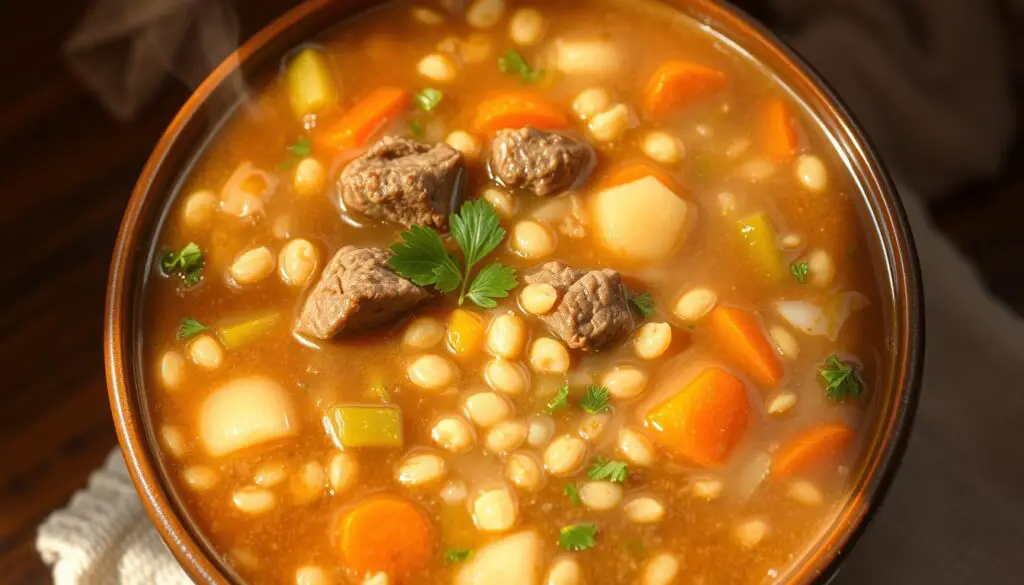 A steaming bowl of hearty, homemade beef barley soup fills the center of the frame. Thick, rich broth glistens with simmered beef cubes, tender pearled barley, and a medley of fresh vegetables - carrots, celery, onions, and parsley. The warm lighting casts a golden glow, accentuating the soup's inviting aroma and rustic, homestyle presentation. Textural contrast is achieved through the soft, yielding barley, the tender beef, and the slight crunch of the vegetables. The overall composition conveys a comforting, nourishing scene, perfect for a cozy, winter meal.