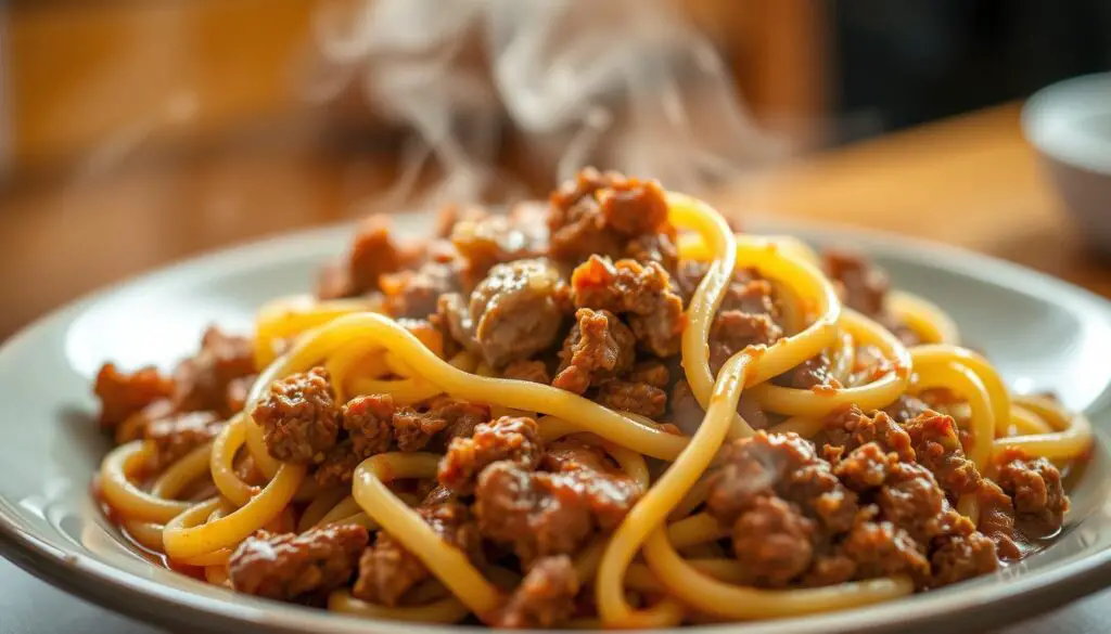A steaming, hearty plate of ground beef and noodles, with tender, juicy meat and al dente pasta noodles coated in a rich, savory sauce. The dish is artfully arranged, with the noodles elegantly twirled and the ground beef perfectly crumbled and dispersed throughout. Warm, inviting lighting casts a soft glow over the scene, highlighting the dish's comforting, homemade appeal. The image is captured from a slightly elevated angle, showcasing the dish's textures and colors in a visually appealing way. The overall atmosphere exudes a sense of simple, satisfying pleasure, perfectly capturing the essence of a quick and easy ground beef and noodles meal.