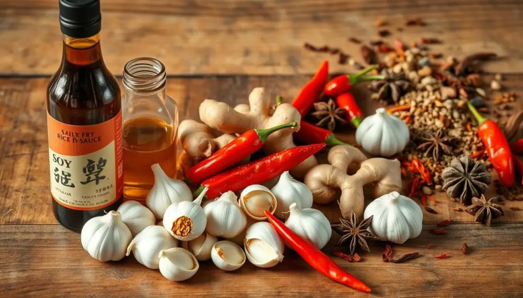 A still life arrangement of various stir fry sauce ingredients on a rustic wooden surface, illuminated by soft, natural lighting. In the foreground, glass bottles filled with soy sauce, rice vinegar, and sesame oil are placed neatly. In the middle ground, a heap of fresh garlic cloves, ginger root, and red chili peppers are arranged. The background features a scattering of Asian spices, such as Szechuan peppercorns, star anise, and dried chili flakes, complementing the overall composition. The scene conveys a sense of culinary abundance and the aromatic, bold flavors essential for a delicious beef stir fry.