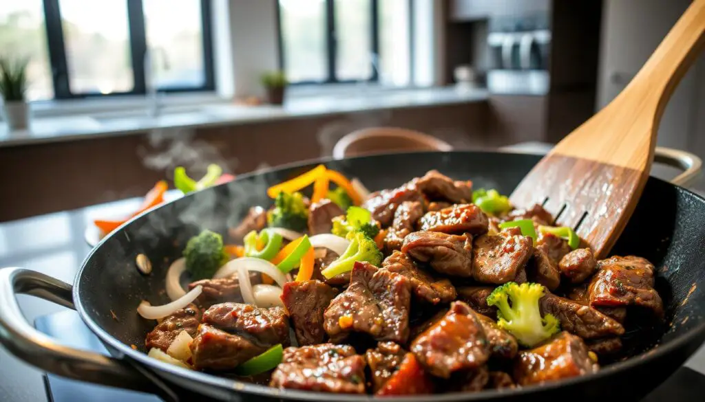 A succulent beef stir fry sizzling in a wok, with tender slices of beef, fresh vegetables, and a glistening sauce. The foreground features the wok on a modern kitchen countertop, with a wooden spatula poised to toss the ingredients. In the middle ground, vibrant bell peppers, broccoli florets, and sliced onions create a colorful medley. The background depicts a minimalist kitchen setting, with natural light filtering in through large windows, casting a warm glow over the scene. The overall mood is one of mouth-watering anticipation, inviting the viewer to imagine the delicious flavors and aromas of a perfectly executed beef stir fry dish.