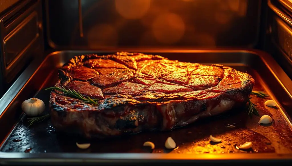 A succulent flank steak seared to perfection in a scorching hot oven, glistening with a rich, caramelized crust. The steak is positioned at the center of the frame, resting on a heavy-duty baking sheet, surrounded by aromatics like garlic, rosemary, and shallots. Warm, golden light filters through a window, casting dramatic shadows and highlighting the steak's tender, medium-rare interior. The overall mood is one of culinary mastery, inviting the viewer to imagine the fragrant aroma and satisfying first bite of this expertly prepared oven-roasted flank steak.