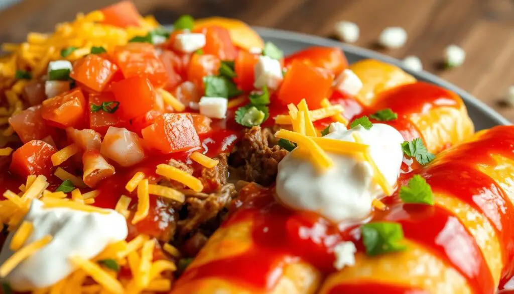 A sumptuous close-up of freshly prepared beef enchiladas, drizzled with a vibrant red chili sauce and crowned with a variety of mouthwatering toppings. In the foreground, grated cheddar cheese, diced tomatoes, and sour cream create a visually appealing contrast. The middle ground showcases the tender, shredded beef filling, nestled within warm, corn tortillas. In the background, a sprinkle of chopped cilantro and a few crumbled queso fresco pieces add the final touches to this appetizing scene. Captured under soft, natural lighting that casts gentle shadows, this image evokes the comforting flavors and textures of a classic Mexican dish, ready to be savored.