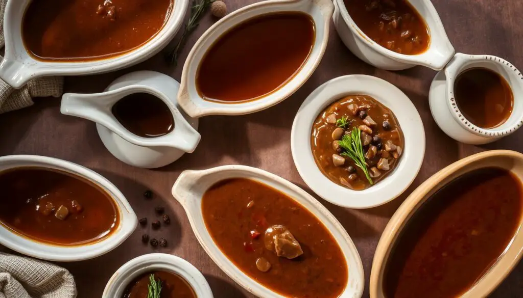 A table showcasing an array of beef gravy flavor variations, each presented in a distinct ceramic dish. Warm, earthy tones dominate the composition, with muted lighting casting soft shadows across the scene. The gravies are depicted with varying hues and textures, reflecting their unique ingredient combinations. Subtle garnishes, such as fresh herbs or cracked peppercorns, accent the presentation. The arrangement conveys a sense of artisanal craftsmanship and invites the viewer to explore the nuanced flavors of homemade beef gravy.