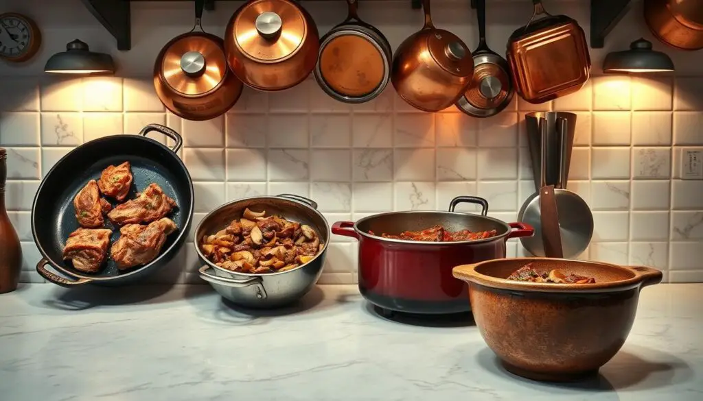 A well-lit kitchen counter displaying four different cooking methods for preparing Beef Bourguignon: searing the meat in a cast-iron skillet, browning the onions and mushrooms in a pan, slow-simmering the stew in a Dutch oven, and serving the finished dish in a rustic ceramic bowl. Copper pots and pans hang from a rack above, casting a warm glow across the scene. The aroma of caramelized beef, red wine, and fragrant herbs permeates the air, setting the stage for an authentic French culinary experience.