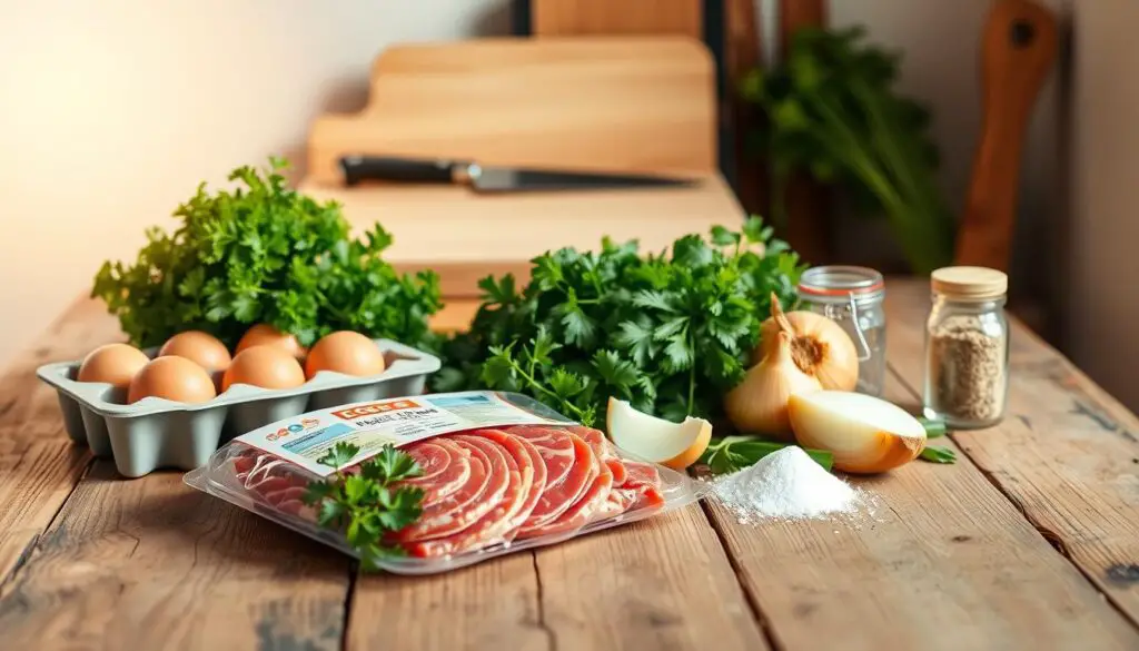 A well-lit studio scene with a rustic wooden table in the foreground. Arranged neatly on the table are the ingredients for delicious cube steak: a package of thinly sliced beef, a carton of eggs, a bundle of fresh parsley, a wedge of onion, and a collection of seasonings like salt, pepper, and garlic powder. The middle ground features a chef's knife and a cutting board, hinting at the preparation to come. The background is softly blurred, keeping the focus on the curated selection of ingredients. The lighting is warm and natural, casting a gentle glow across the scene and emphasizing the textures of the fresh produce.