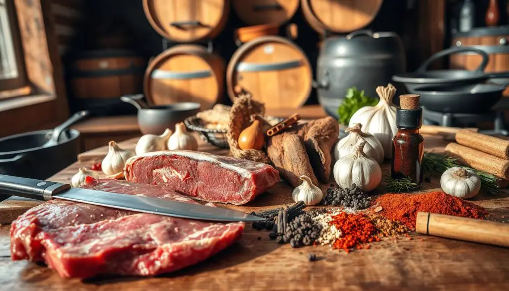 An abundance of beef brisket ingredients arranged artfully on a rustic wooden table. In the foreground, a large slab of raw brisket sits next to a cutting board and sharp carving knife. In the middle ground, an assortment of aromatic spices including garlic, onions, black pepper, and smoked paprika are carefully placed. In the background, a backdrop of oak barrels, cast iron skillets, and other cooking tools evoke a cozy, old-world kitchen atmosphere. Soft natural lighting casts warm shadows, highlighting the textures and colors of the ingredients. The overall scene conveys the mouthwatering potential of this essential beef brisket recipe.